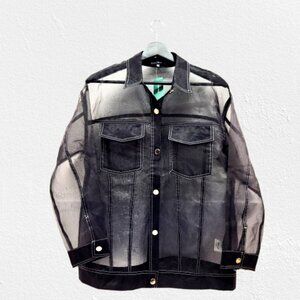 Blue Blush Black Sheer Blouse White Top Stitching, Silver Buttons, Cover Up